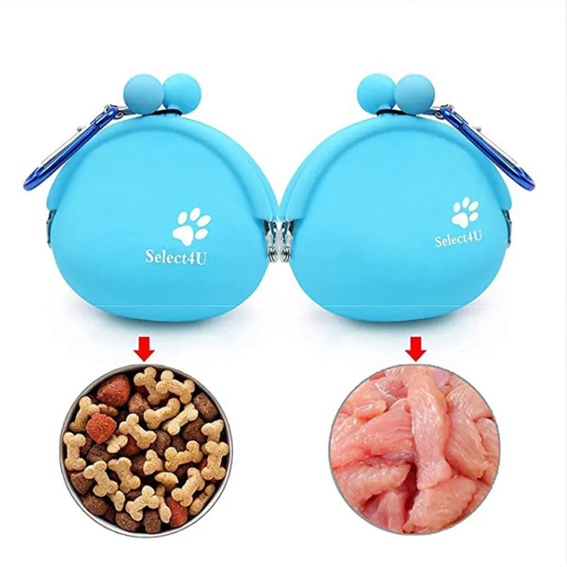 Yellow silicone dog training treat pouch with hook-and-loop waist strap, shown with dog biscuits.