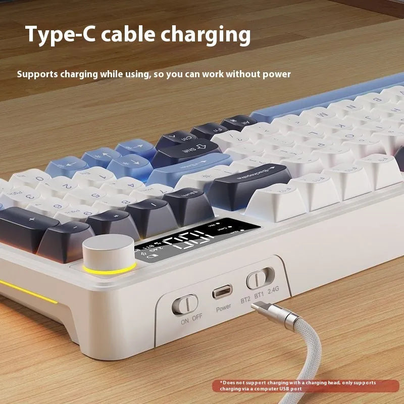 Wireless mechanical keyboard and mouse combo in blue-white colour option with USB-C cable