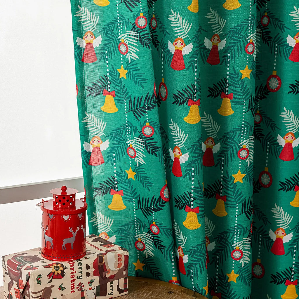 Green Christmas curtain with printed snowman and angel cartoon pattern for living room