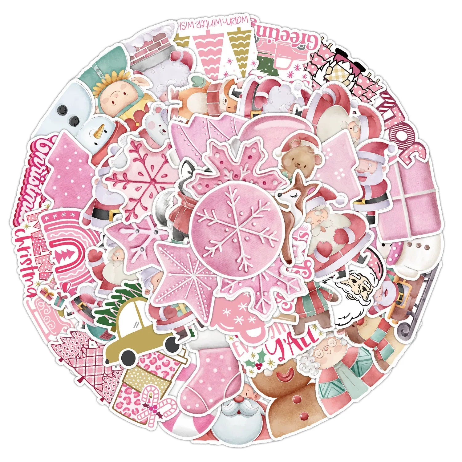 Pack of 50 cute Christmas waterproof stickers in various sizes from 4 to 8 cm.