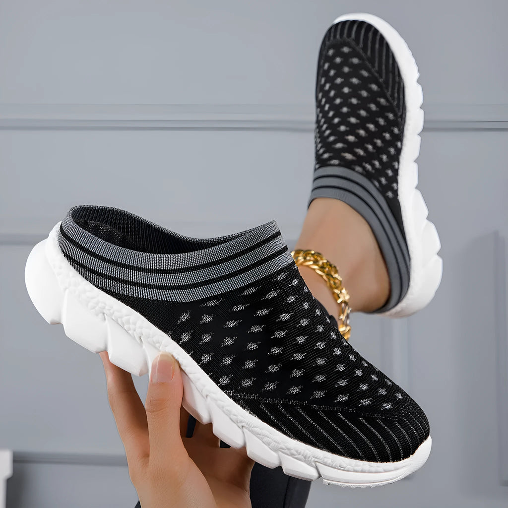 Women's Flyknit semi-slipper shoes in striped pattern with hollowed-out breathable design