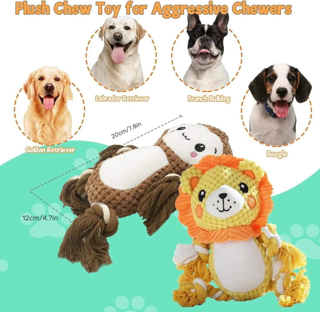 Lion and monkey plush squeaky dog toys bundle showing measured dimensions for medium to large breed dogs