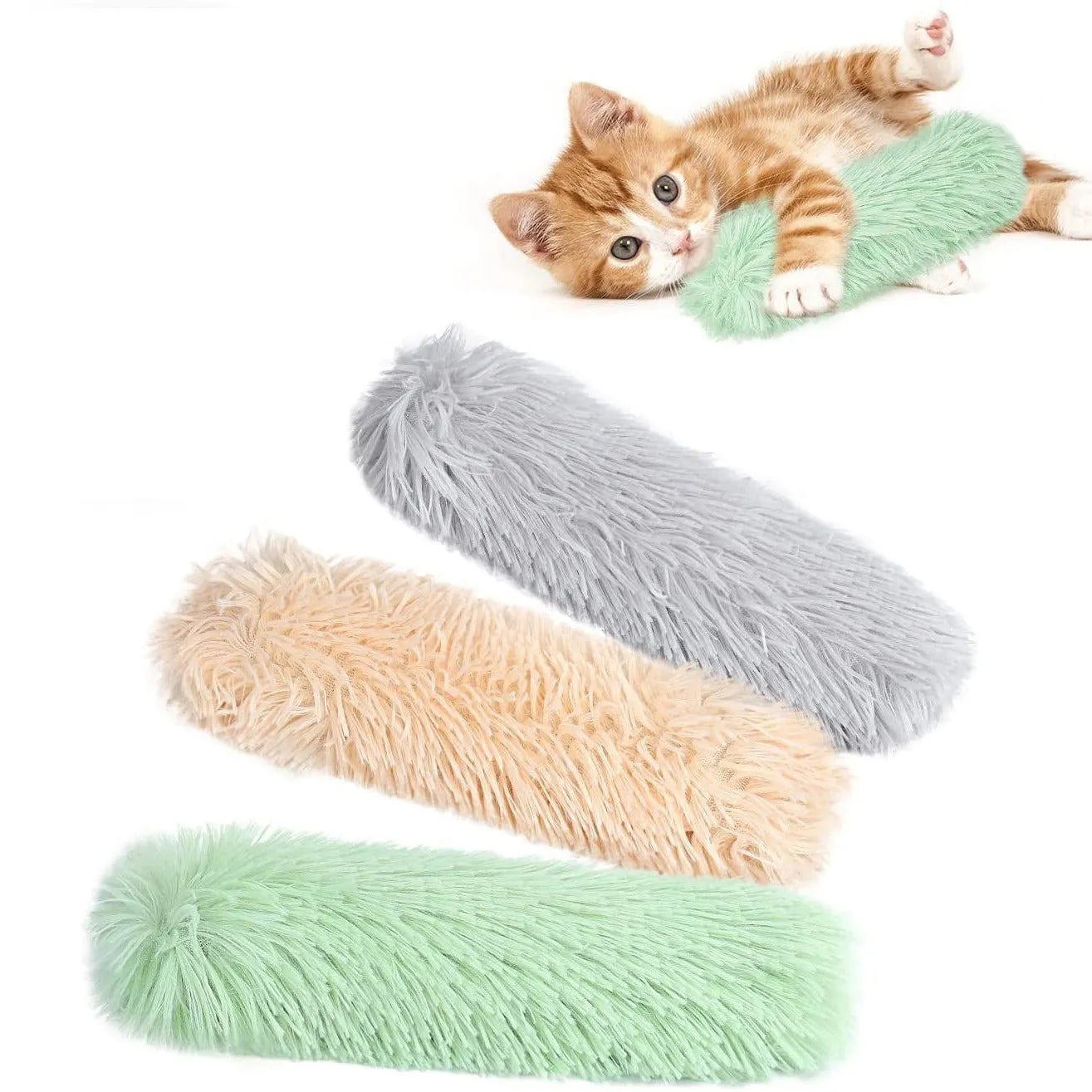 Plush cat toy pillow in blue, green, pink, or white colours, measuring 27cm by 10cm.