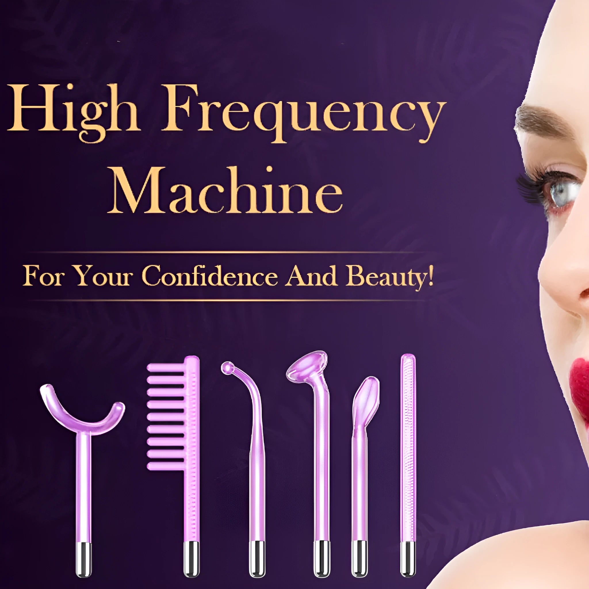 Purple High Wave electrotherapy rod six-piece set with multiple plug adapters for commercial beauty treatments