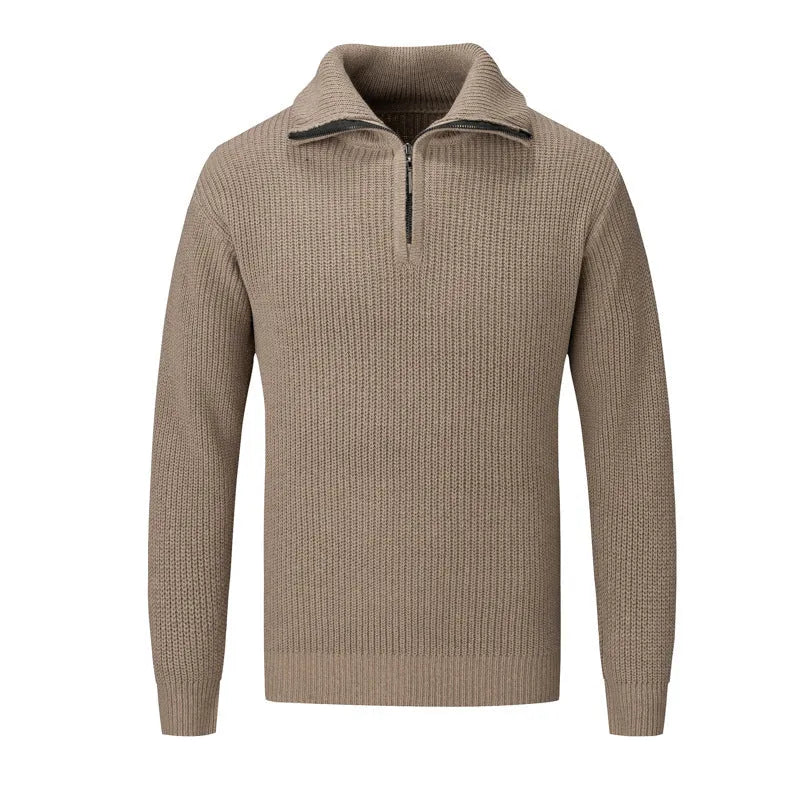 Men's solid colour slim fit pullover sweater in a wool blend fabric on a grey background.
