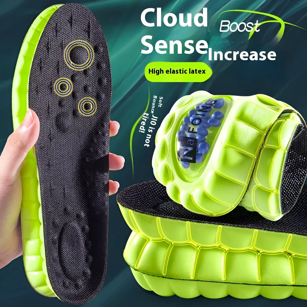 Green PU sports insoles with air cushion and argwormwood, shown with size scale.