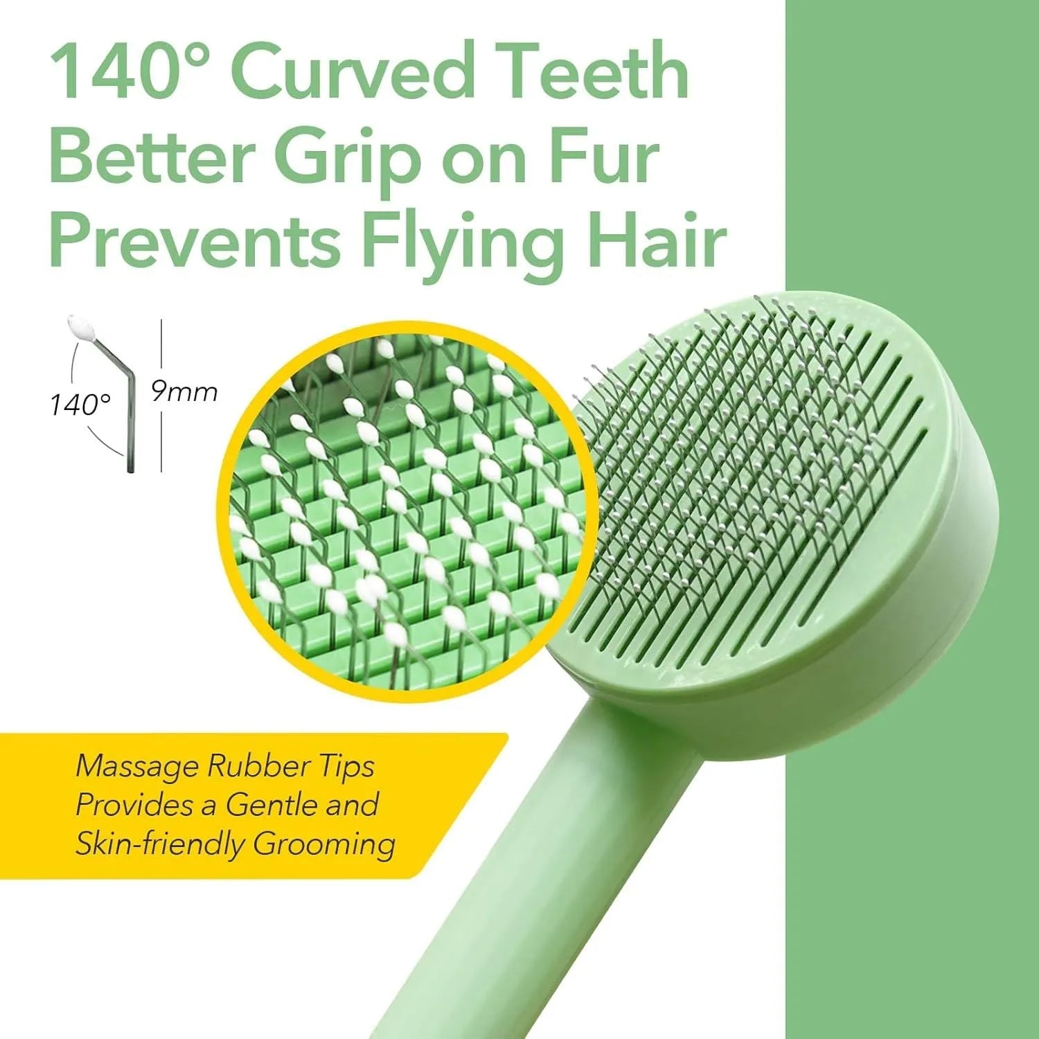 Green pet grooming brush with stainless steel teeth for deshedding cats and dogs