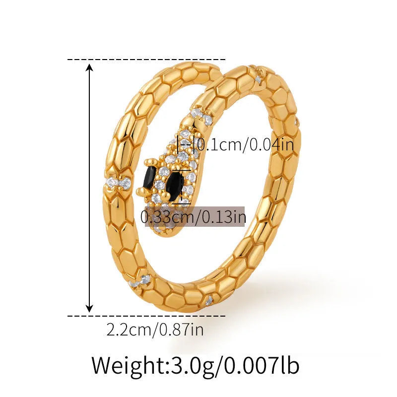 Snake-shaped adjustable copper ring with gold colour plating and diamond treatment