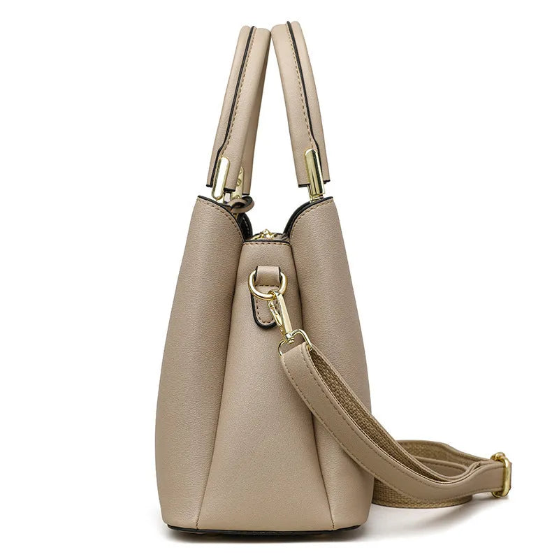 Women's multi-compartment PU leather messenger bag in urban simplicity style, shown in various colours.