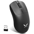 Black wireless laptop mouse with three-gear audio button shown on desk