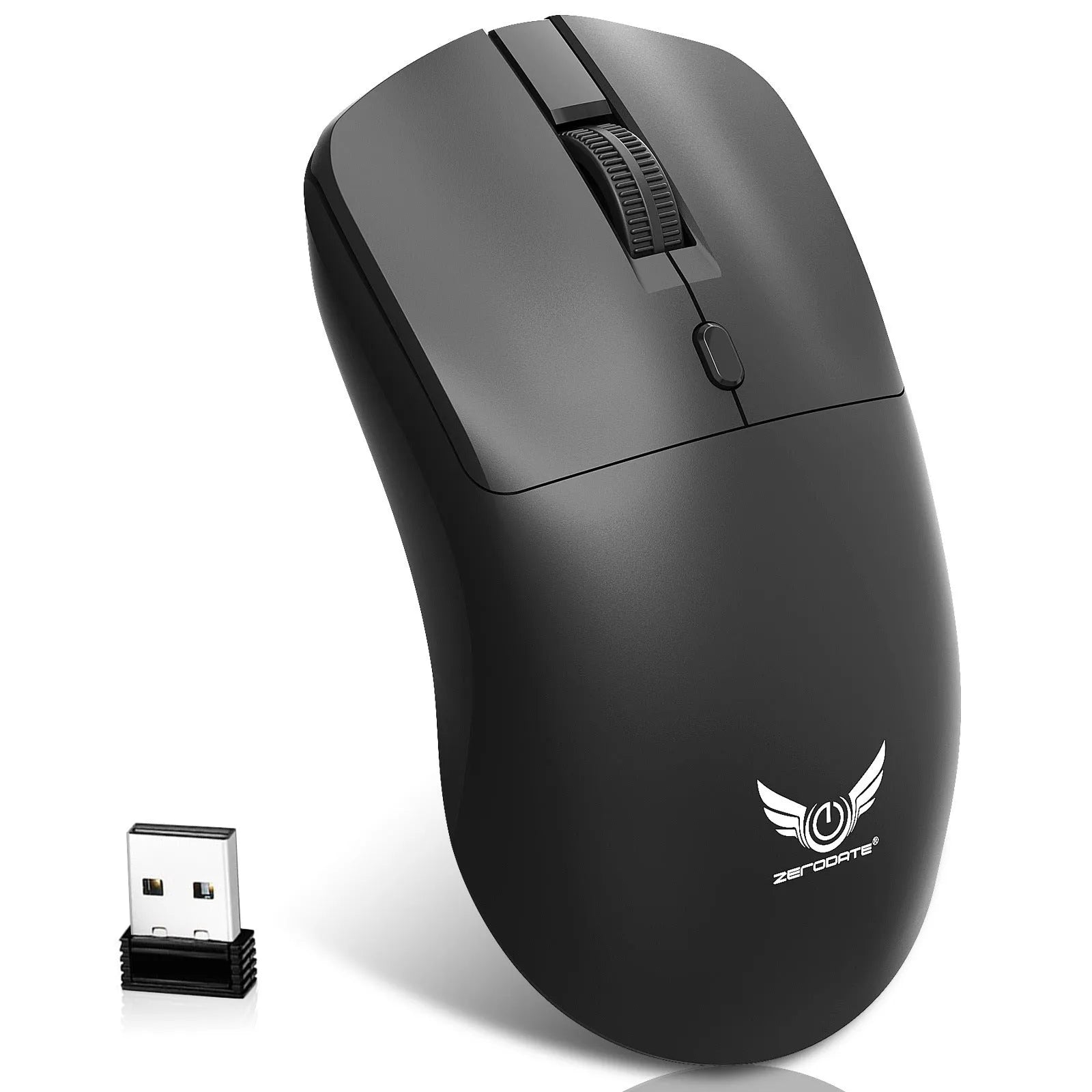 Black wireless laptop mouse with three-gear audio button shown on desk