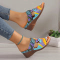 Women's ethnic pattern slope heel slippers in multiple colours with cowhide upper and rubber sole