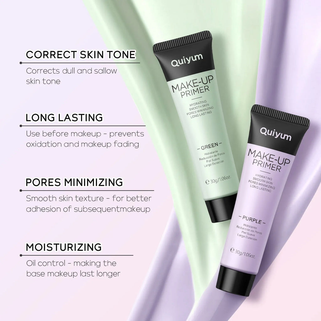 30g moisturising makeup primer tube in green, pink and purple colour options