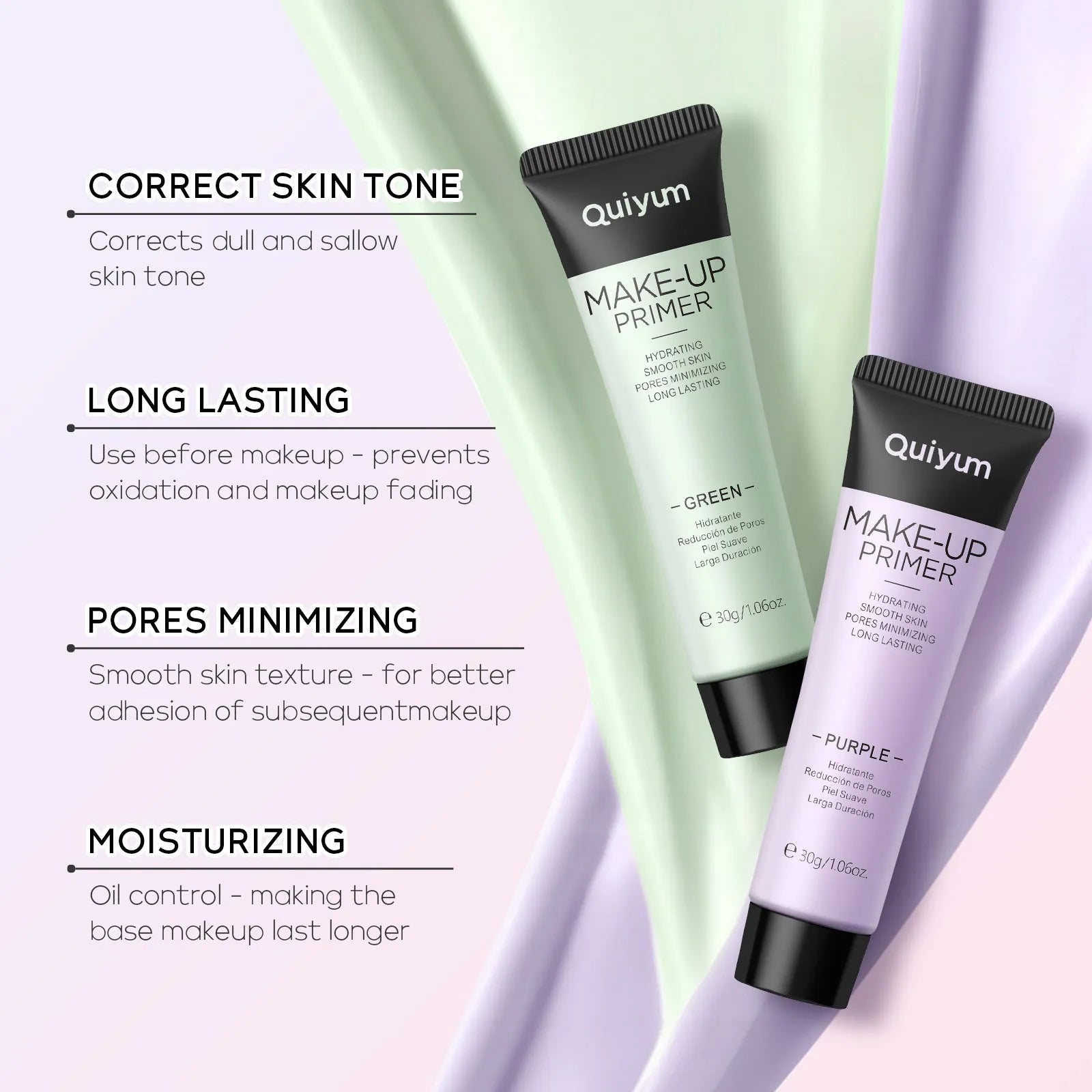 30g moisturising makeup primer tube in green, pink and purple colour options