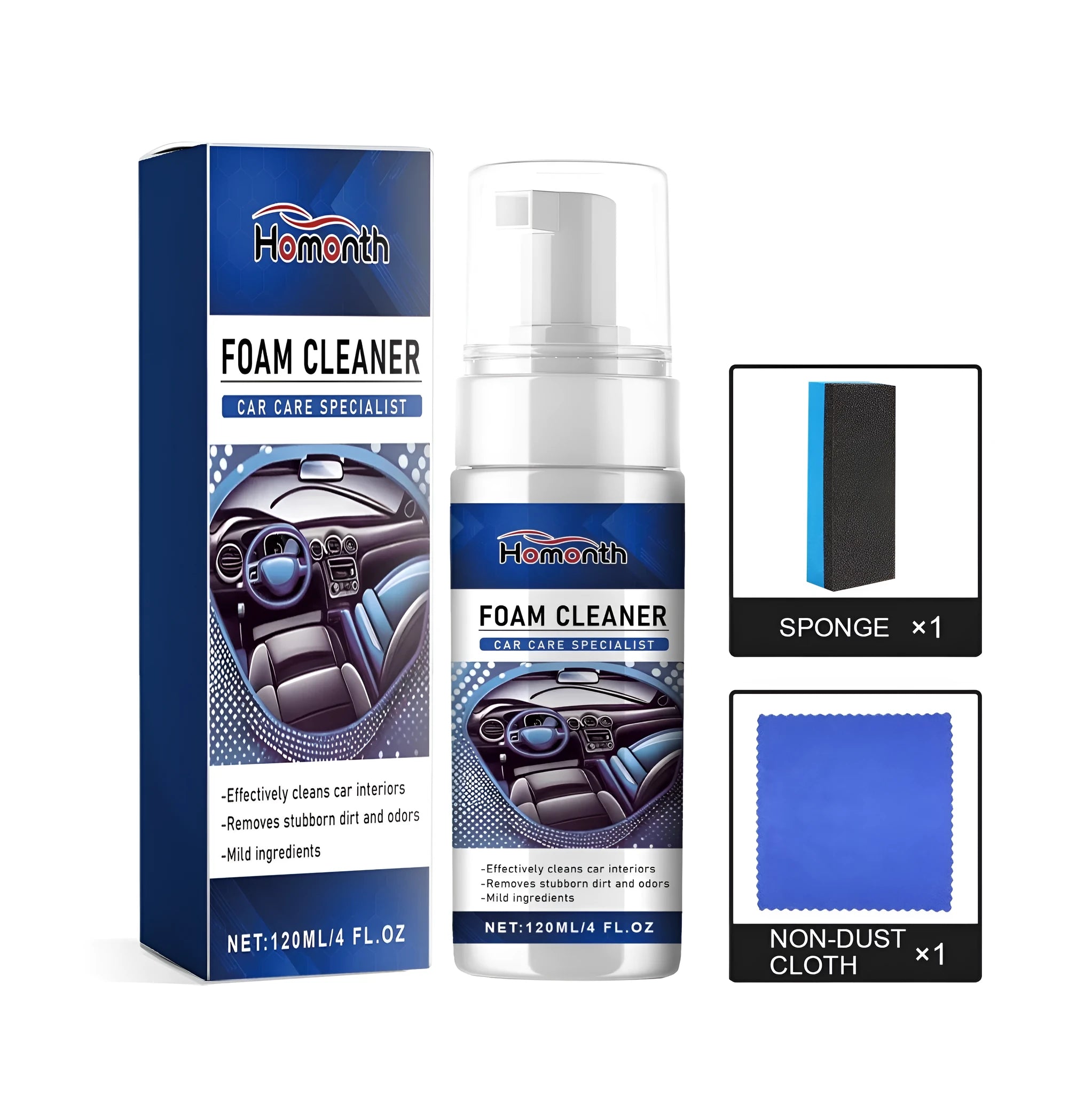 Fast Car Interior Cleaner in 120ml PET bottle with sponge and cloth on car seat