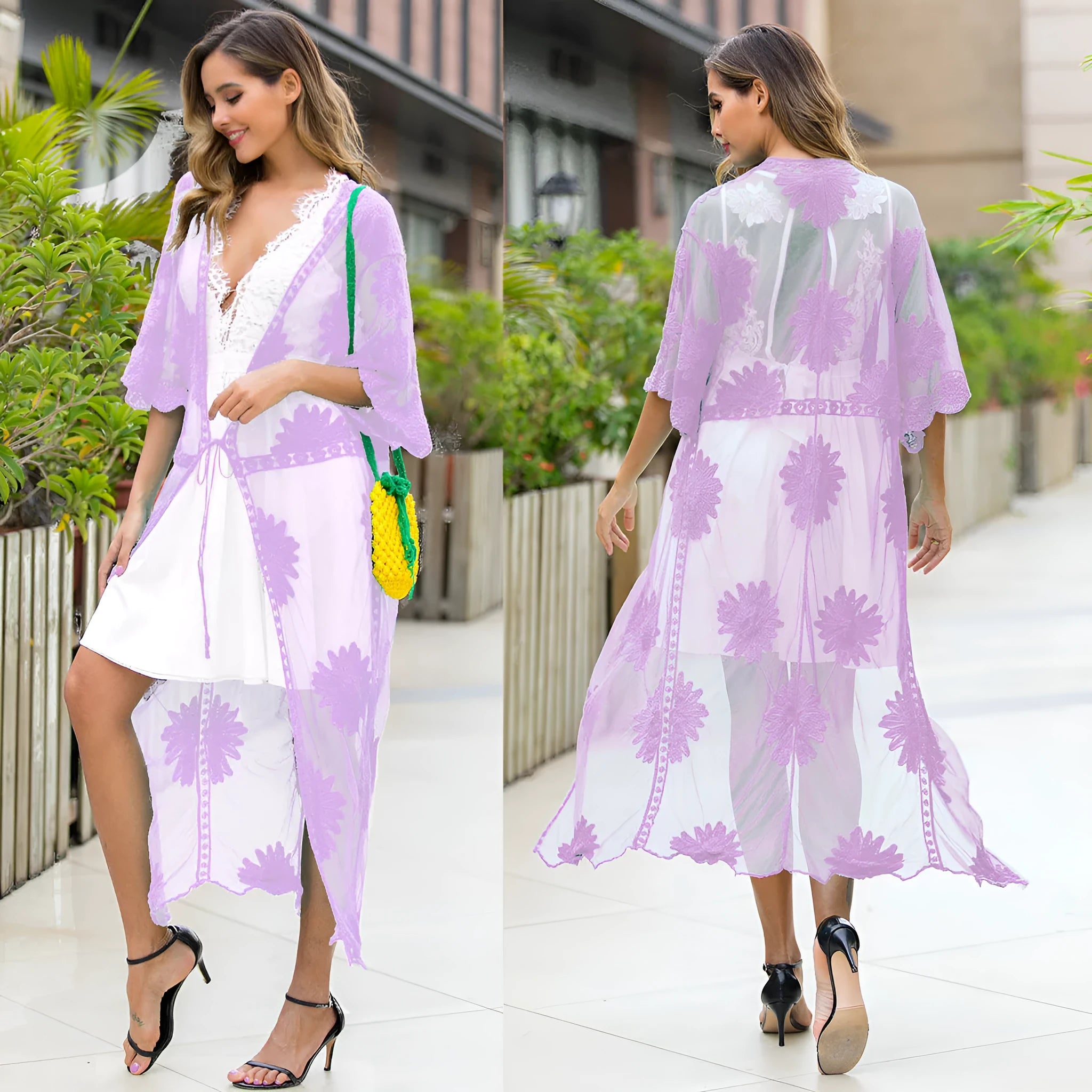 Light purple lace embroidery beach cardigan dress for women, free size with cotton lining.