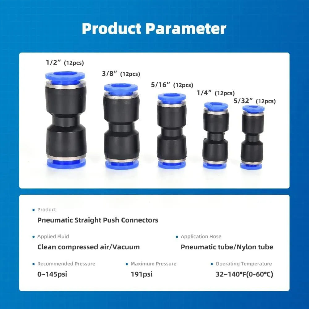 60-piece pneumatic push-in connector set with alloy plastic construction showing R1/4 and R1/2 thread sizes