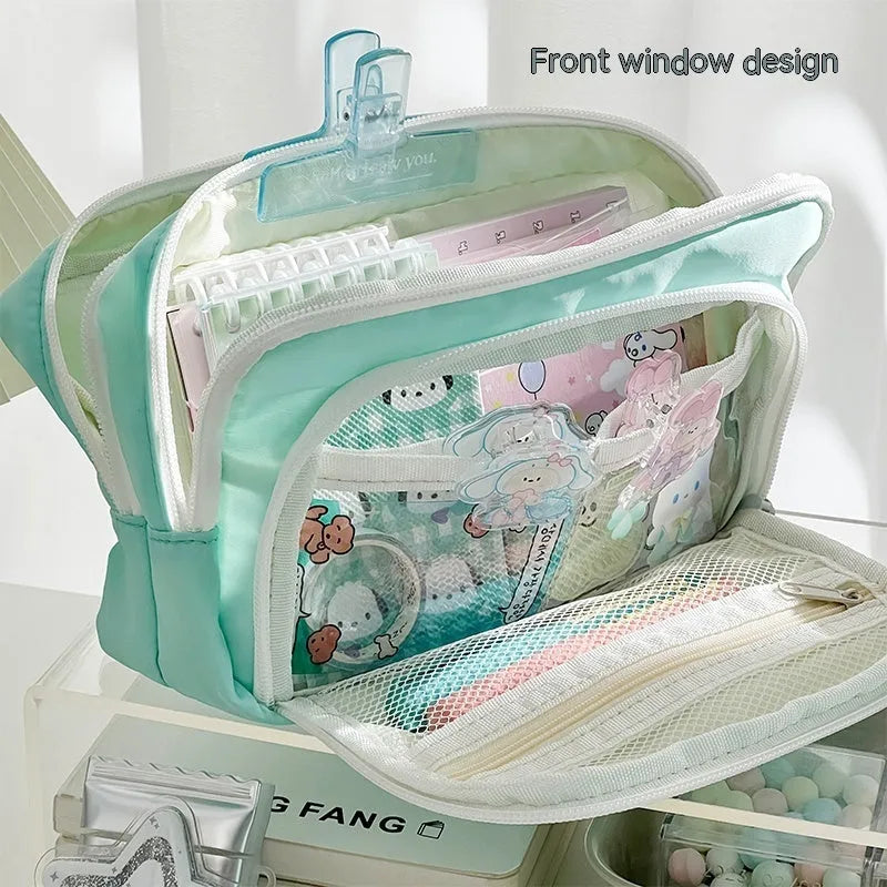 Double layer pencil case in blue with gift handle showing 215mm length 135mm width 85mm depth dimensions