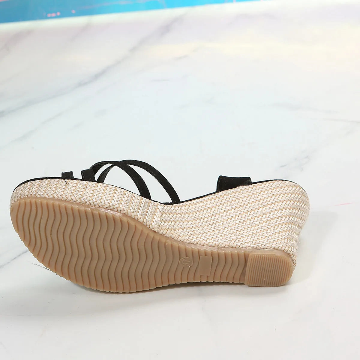 Women's black wedge sandals with fish mouth toe and cloth upper, size 38