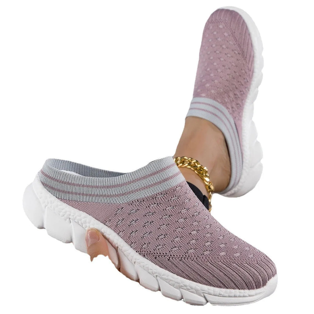 Women's Flyknit semi-slipper shoes in striped pattern with hollowed-out breathable design
