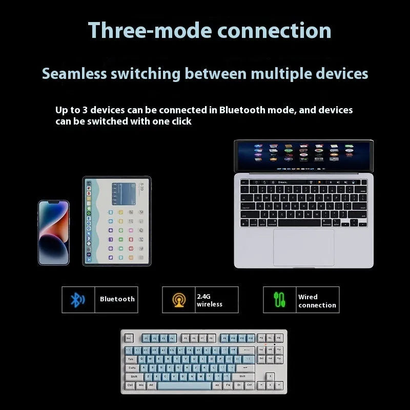 Office Game wireless Bluetooth mechanical keyboard in multiple colour options showing 87-key and 108-key layouts