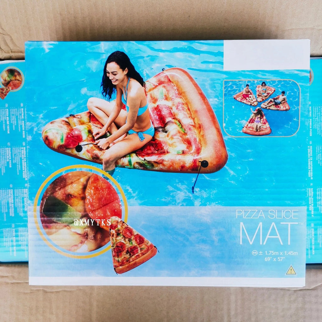 Large inflatable pizza-themed surfboard float on water, dimensions 175cm by 145cm.