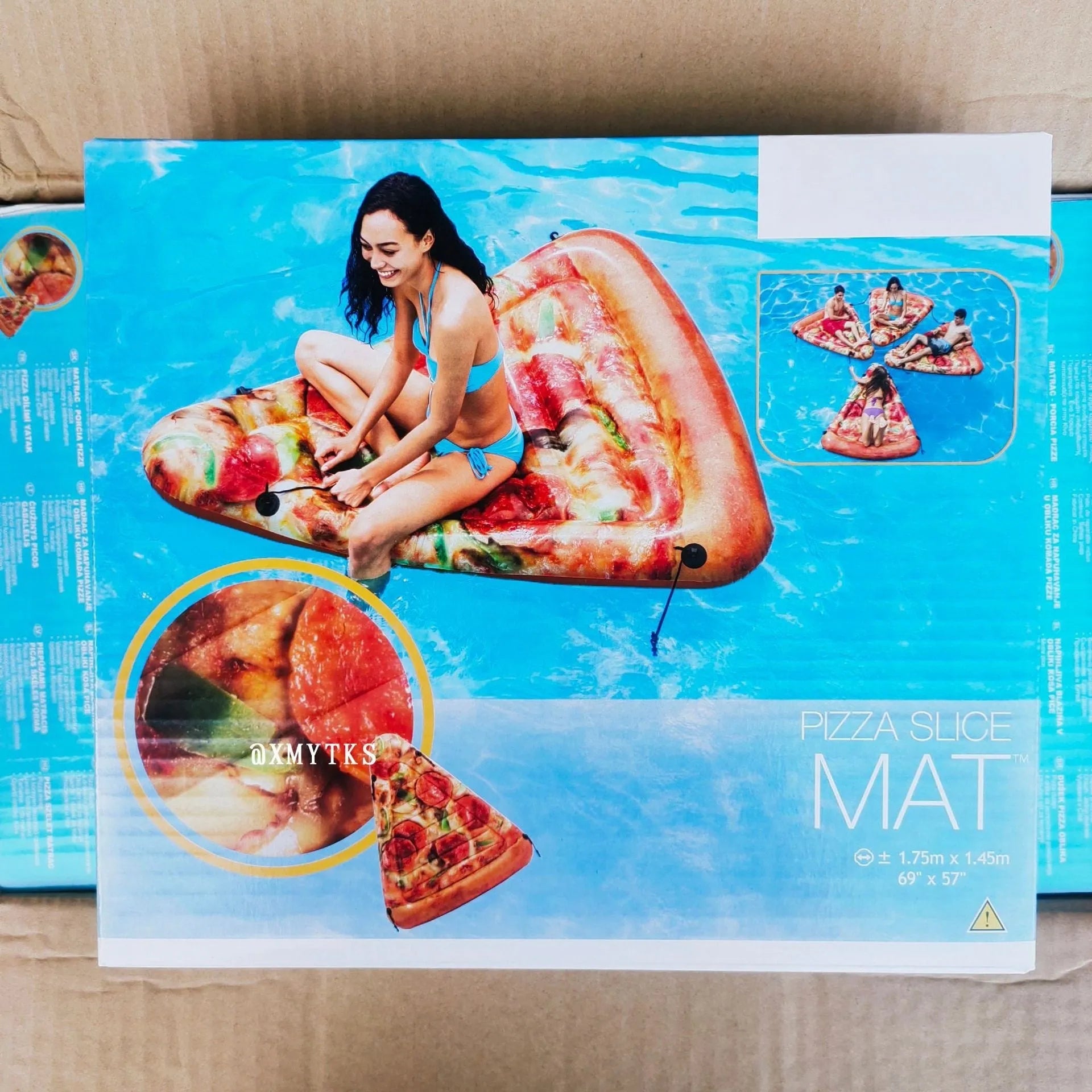 Large inflatable pizza-themed surfboard float on water, dimensions 175cm by 145cm.