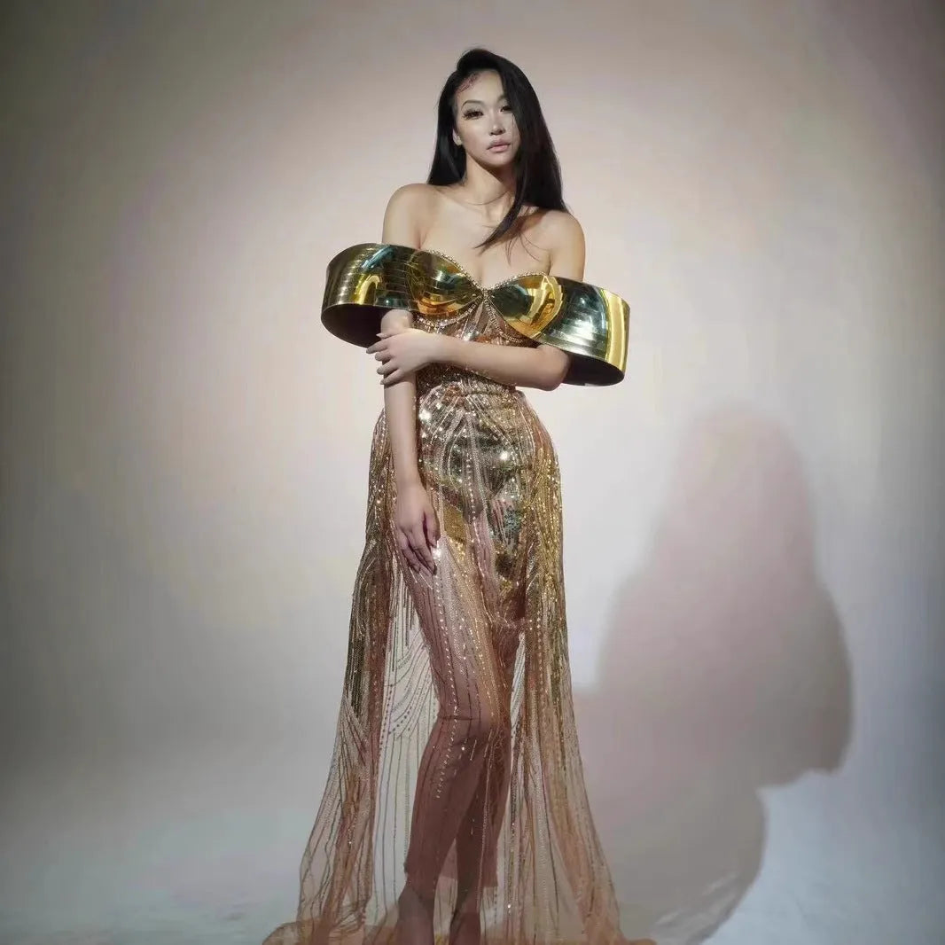 Gold sequined strapless evening dress with side split skirt for women's formal events