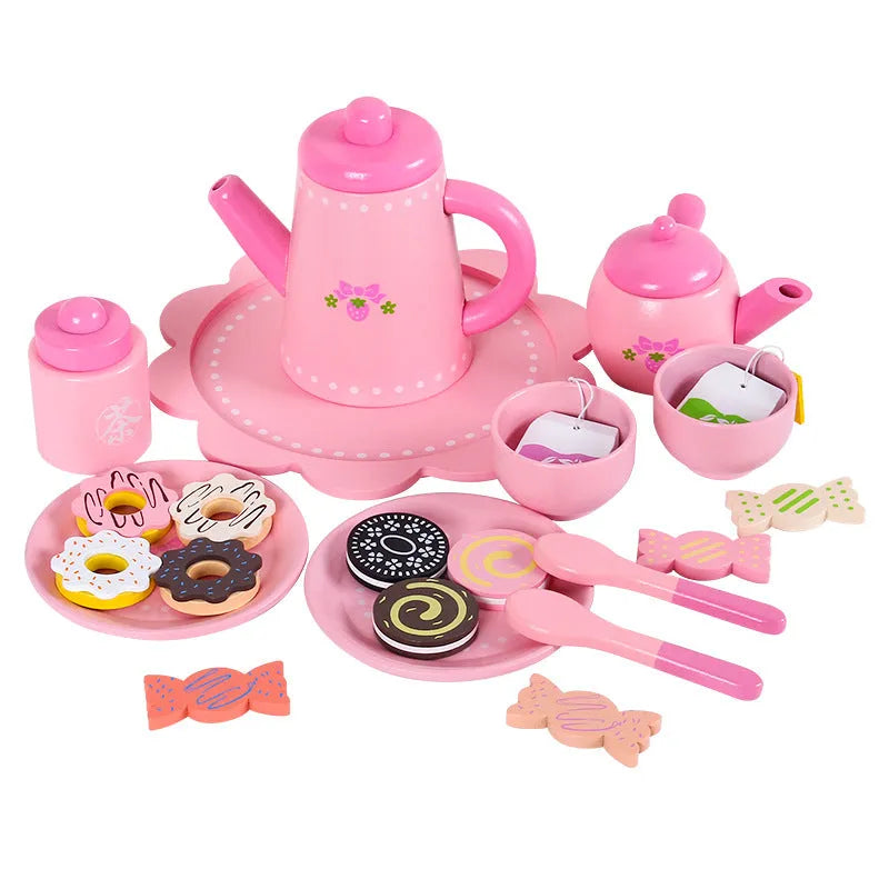 Wooden children's simulation afternoon teapot cup set with pink cookies and teapot for pretend play