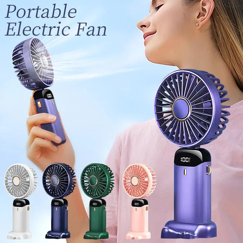 USB rechargeable mini handheld fan in white with foldable neck design and LED display