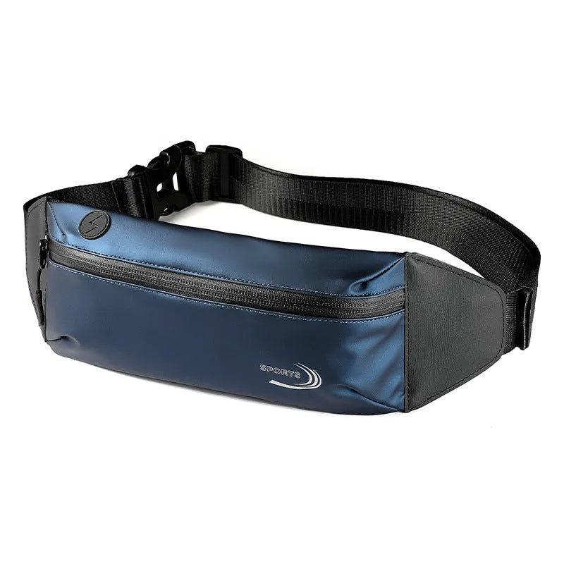 Men's blue waterproof polyester sports waist bag with adjustable strap.