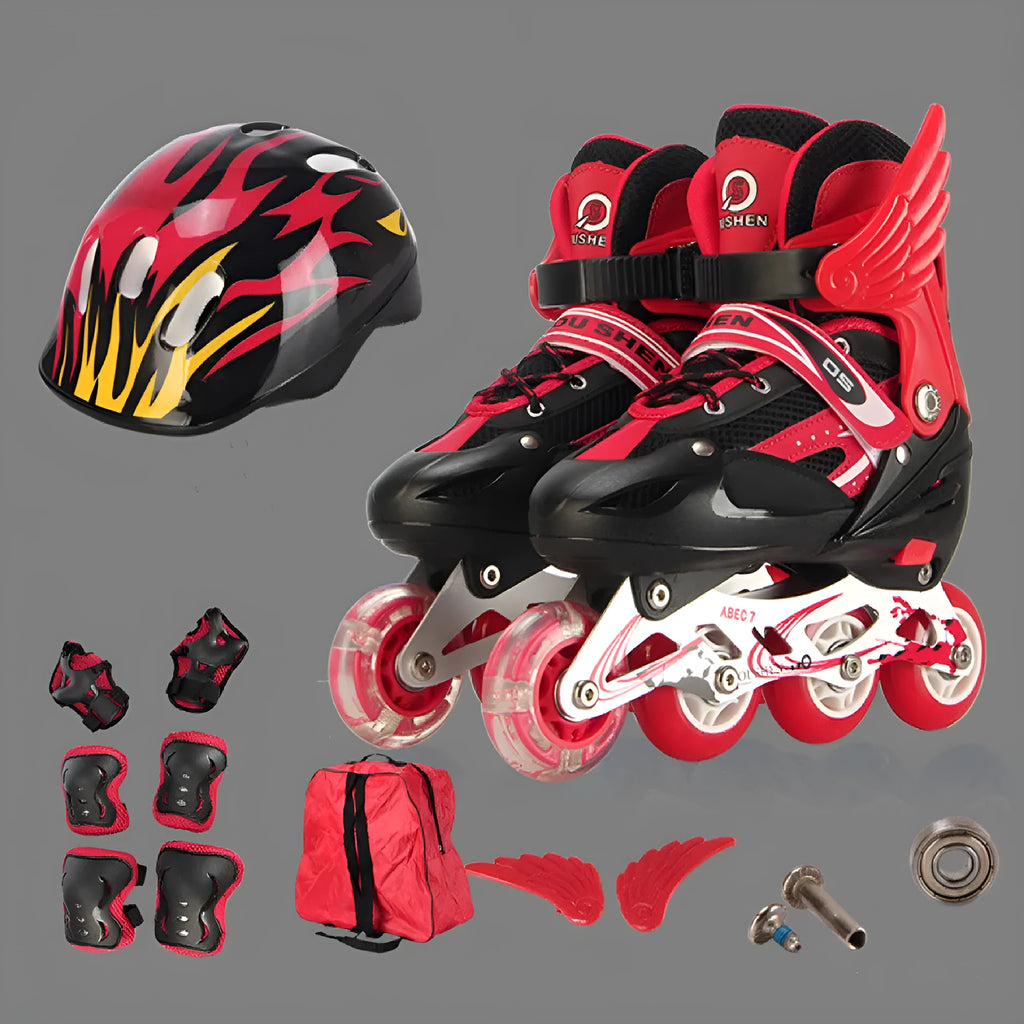 Children's adjustable inline skates with aluminium frame, PU mesh upper, helmet, protective pads, and backpack in multicolour options