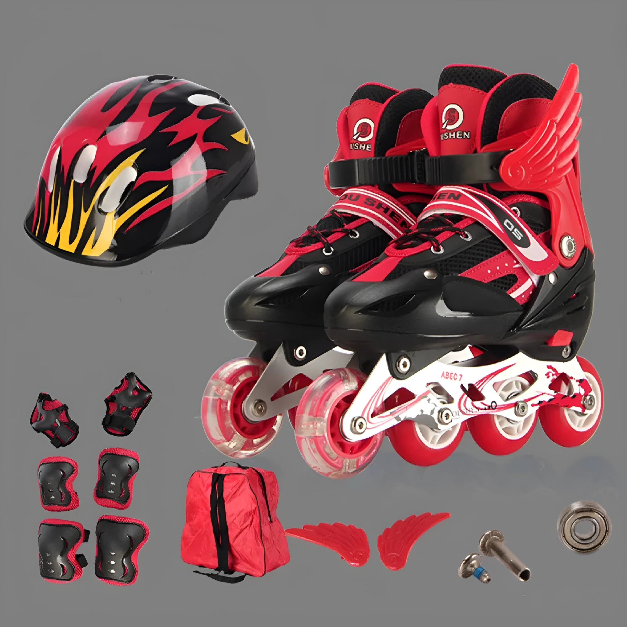 Children's adjustable inline skates with aluminium frame, PU mesh upper, helmet, protective pads, and backpack in multicolour options