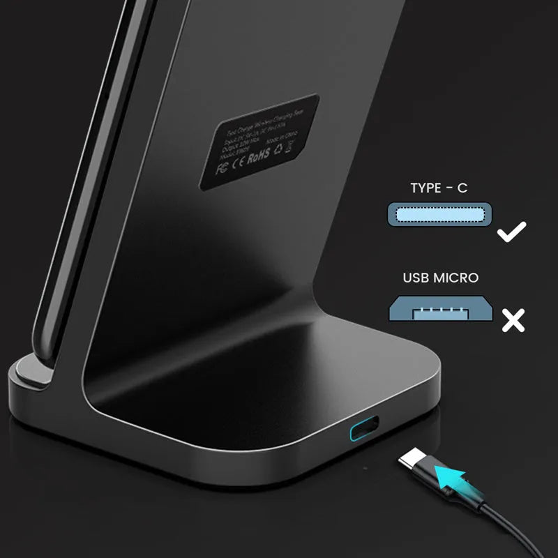 Dark grey vertical wireless charging stand for Apple iPhones on desk