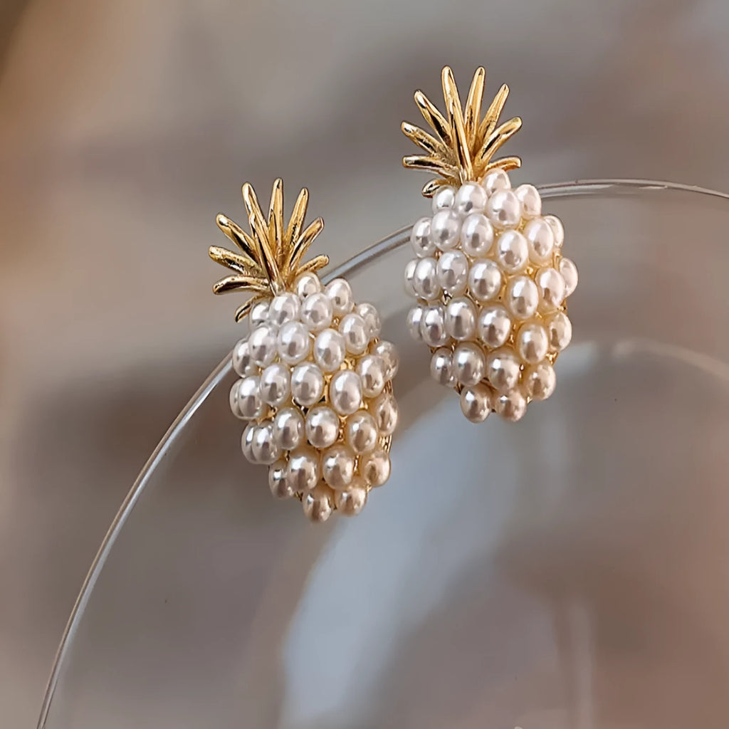 Korean style pineapple and starfish pearl design alloy earrings with electroplated finish and artificial gem inlay