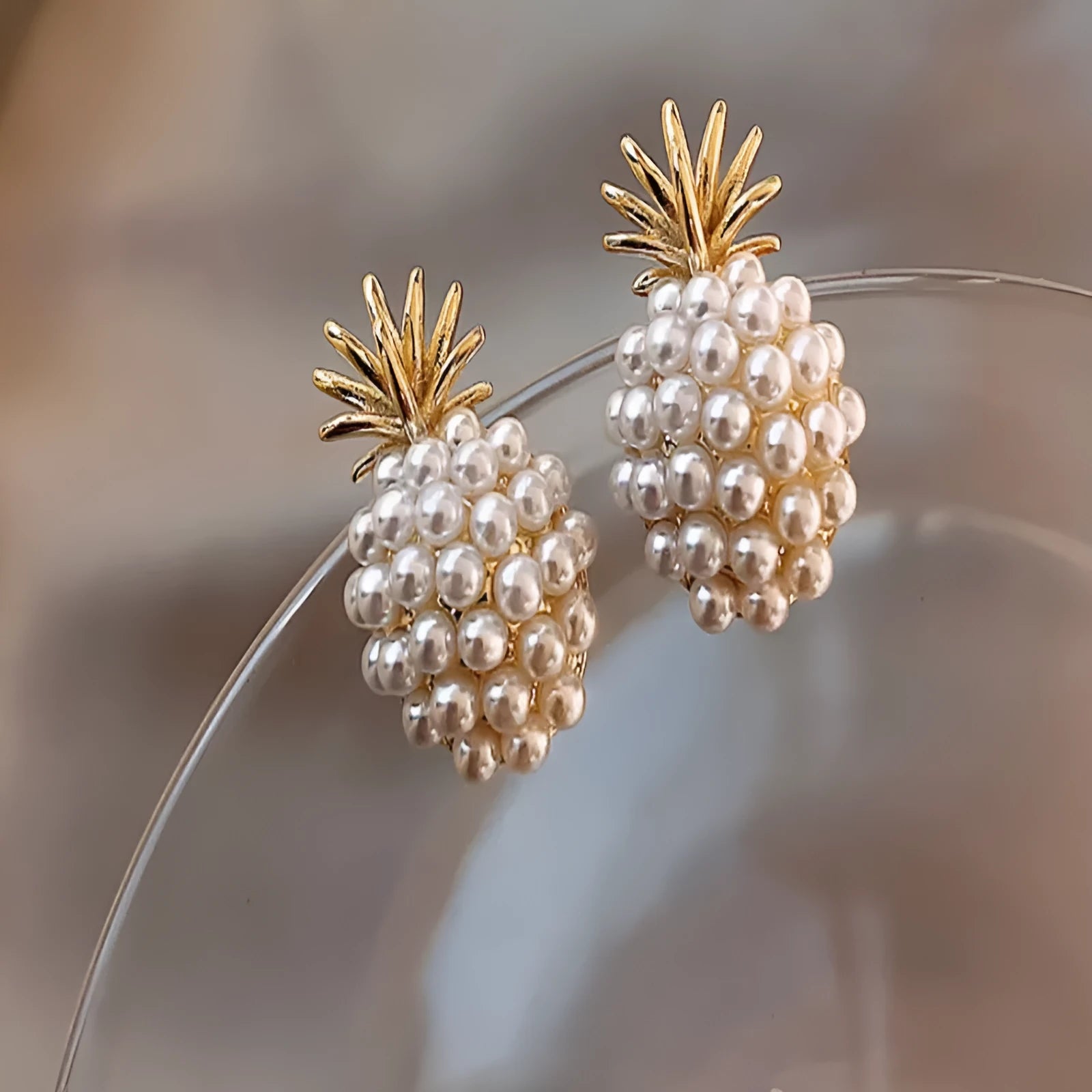 Korean style pineapple and starfish pearl design alloy earrings with electroplated finish and artificial gem inlay