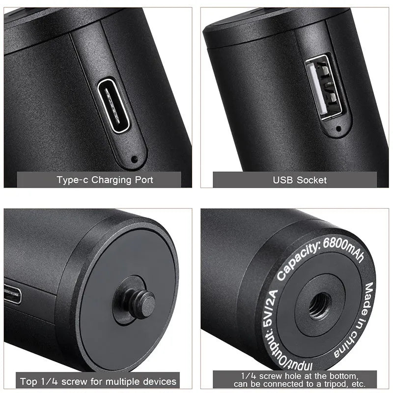 Black aluminium alloy charging handle power bank measuring 12.5cm with 6800mAh capacity
