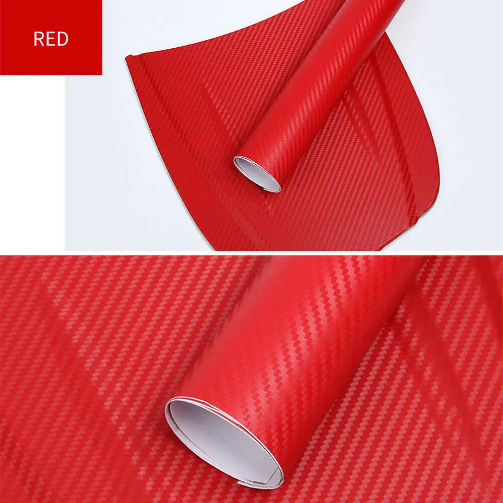 Carbon fibre pattern sticker roll showing eight colour options with 30x127 cm dimensions for car decoration