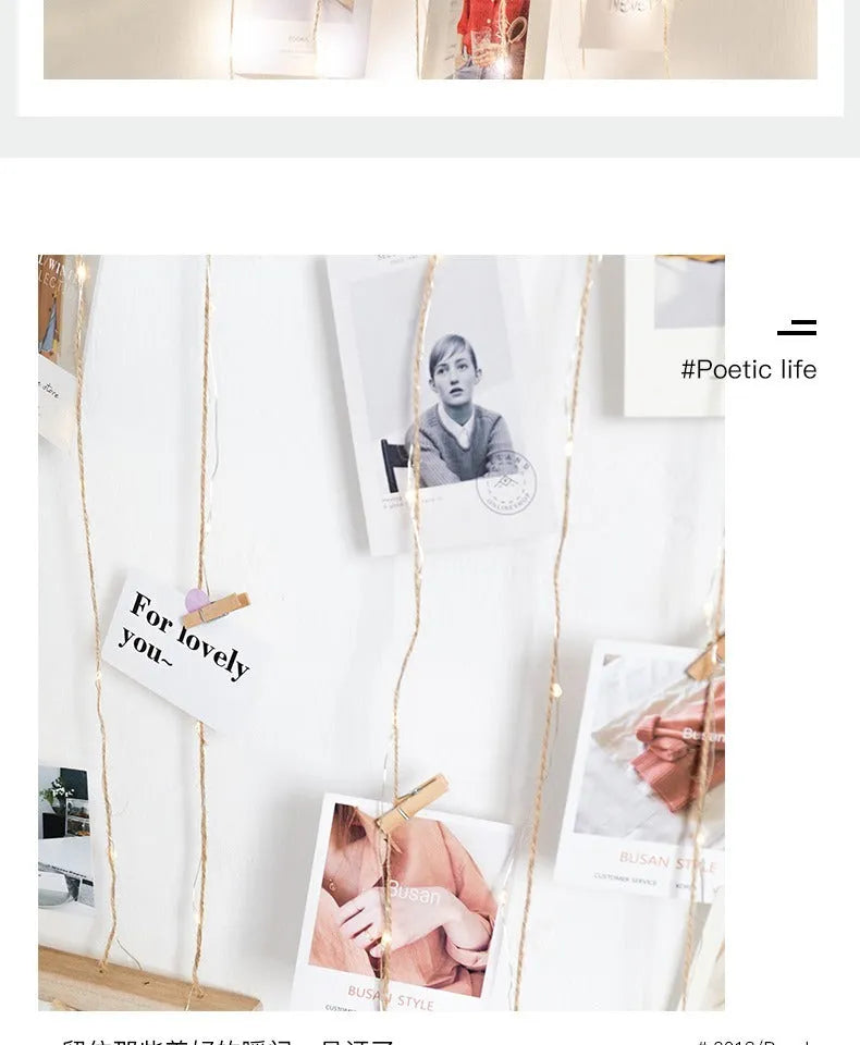 Medium size wooden photo clip wall hanging with hemp rope and tassel