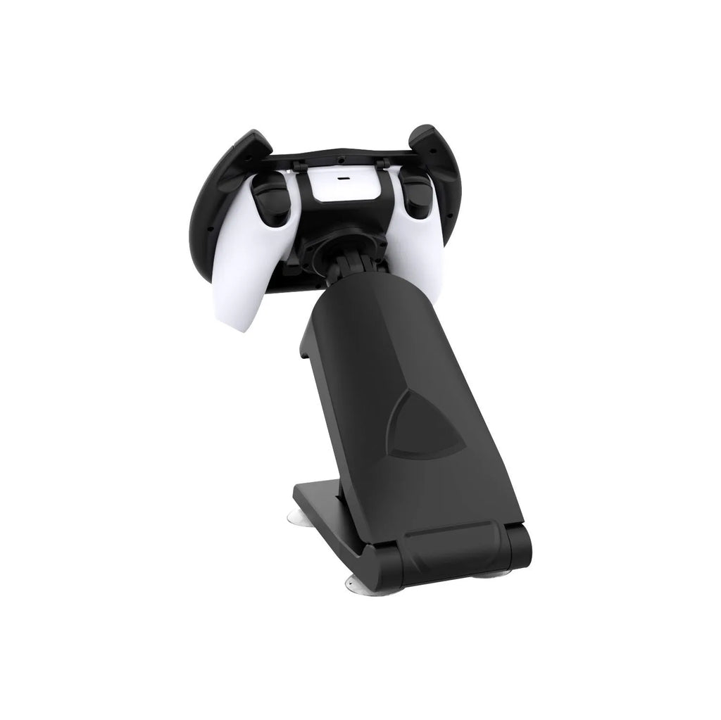 Black ABS phone steering wheel bracket with suction cup attached to gaming steering wheel