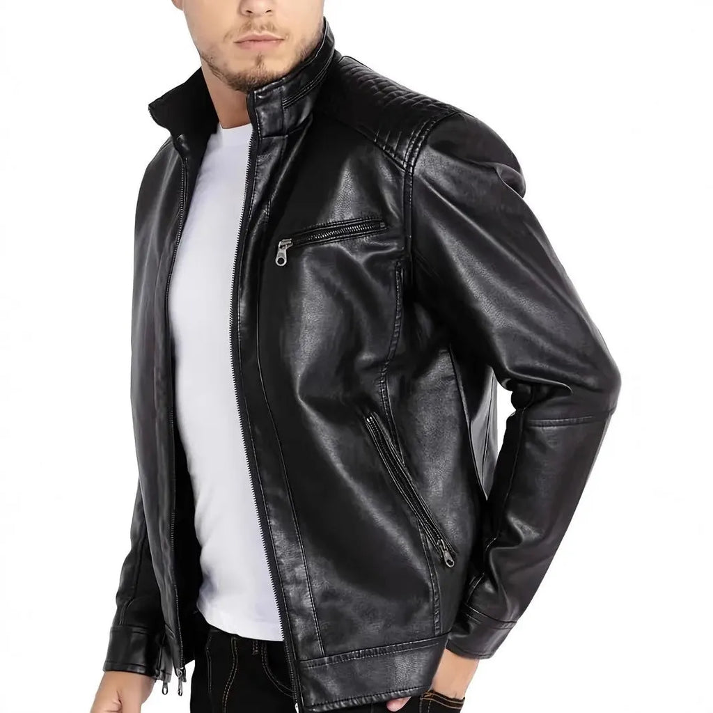 Men's punk style artificial leather biker jacket in Army Green with stand collar and patch pockets