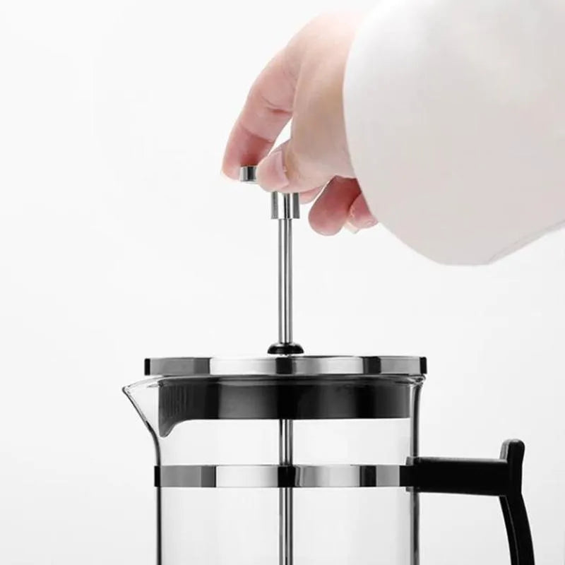 350ml glass coffee maker with stainless steel permanent filter, measuring 10cm wide by 8cm deep by 17cm tall