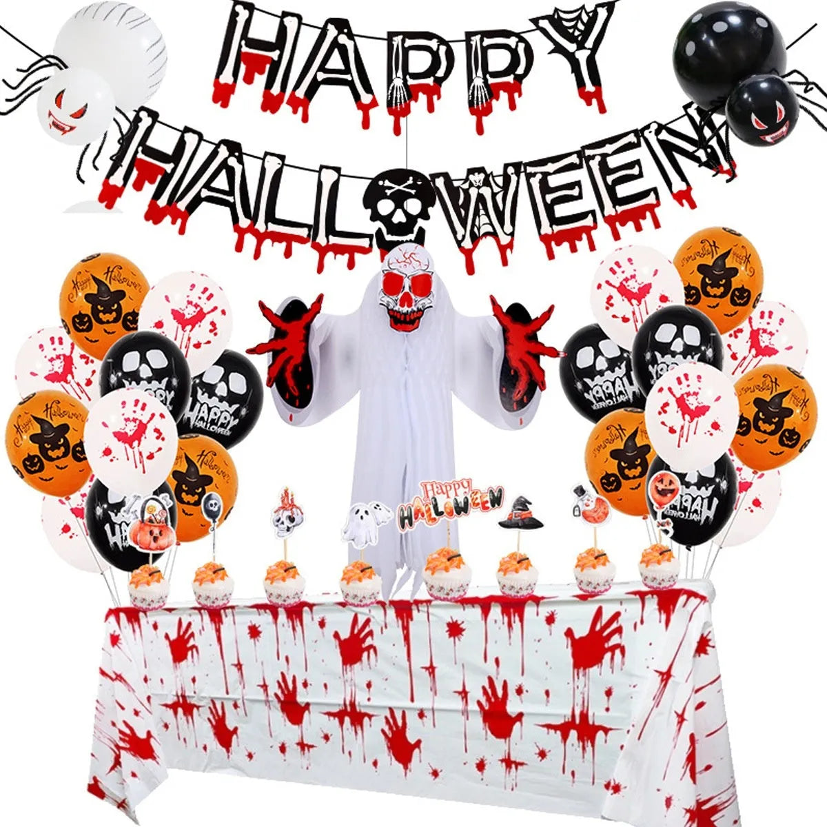 Halloween spider balloon arch decoration set with white and black latex balloons featuring skull and pumpkin designs