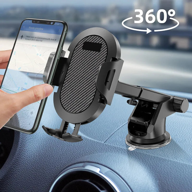 Car phone holder with auto-lock clip showing air vent and suction cup mounting options