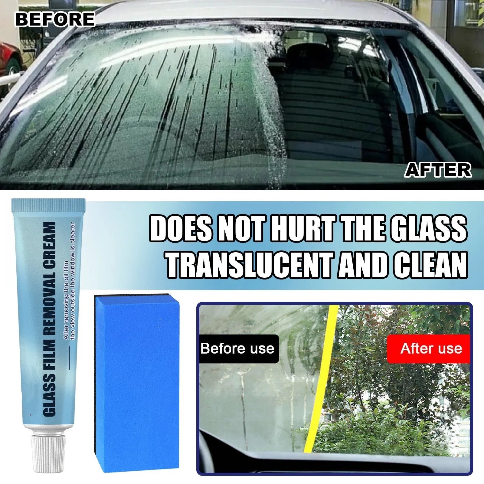 Blue car glass oil film remover tube and soft sponge applicator on a white background.