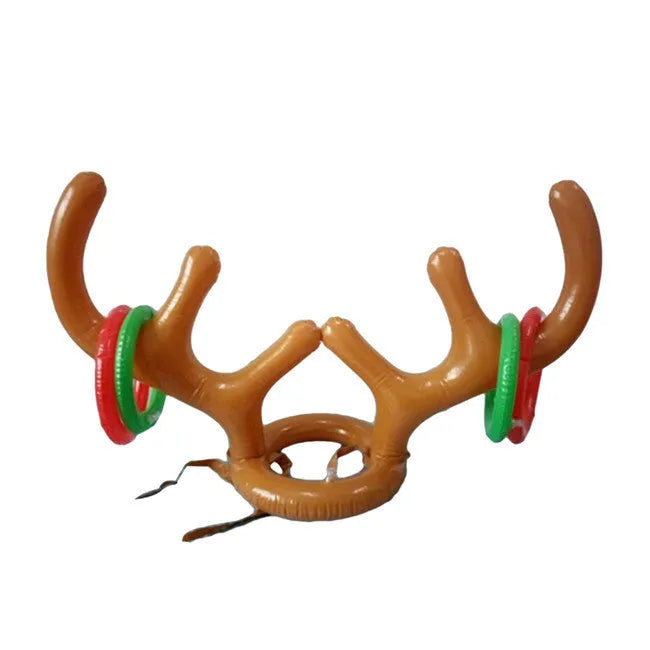 Inflatable reindeer antler hat ring toss game set with green and red rings on a blue background