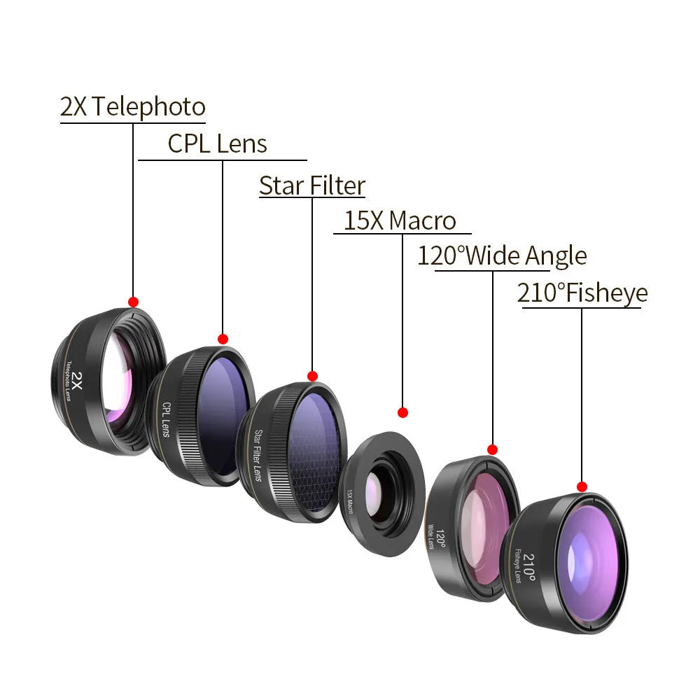 Black 6-in-1 smartphone lens kit with fisheye, macro, wide-angle, telephoto lenses and filters in EVA case