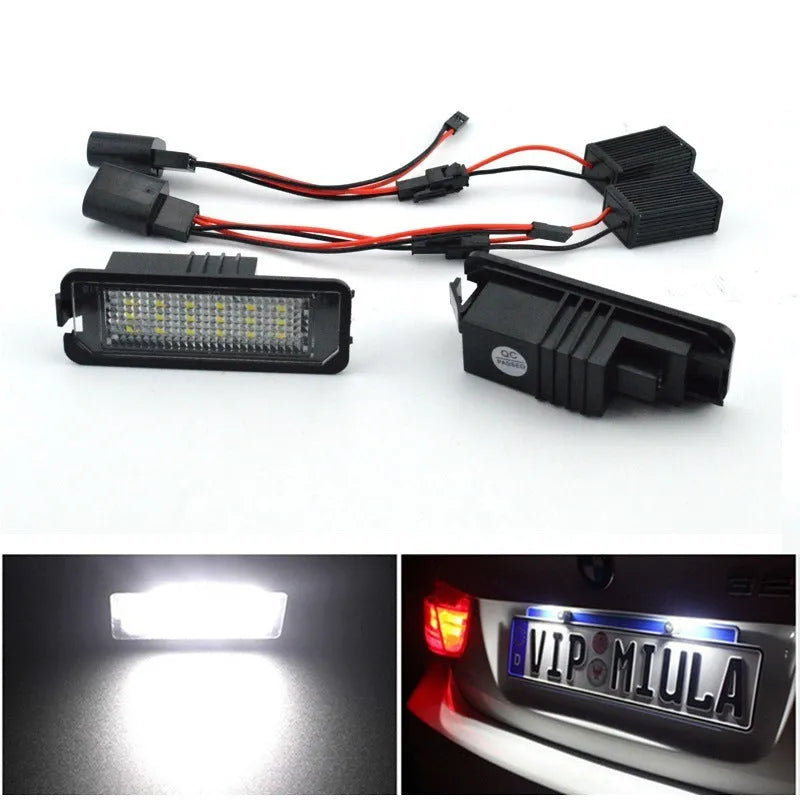 Volkswagen LED licence plate light upgrade kit for Golf, Polo, Phaeton models with white light.