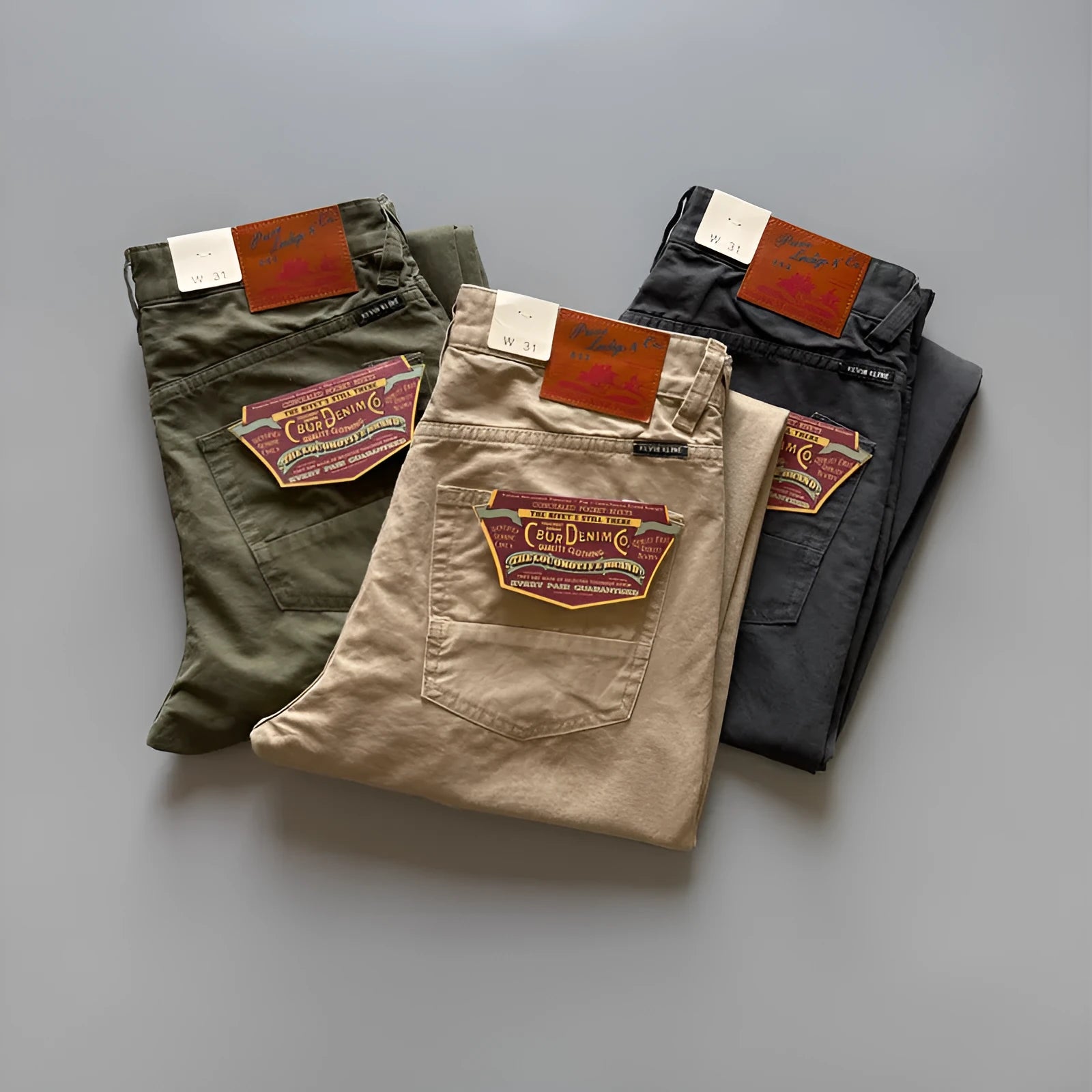 A pair of men's straight leg casual trousers in khaki colour on a mid-grey background.