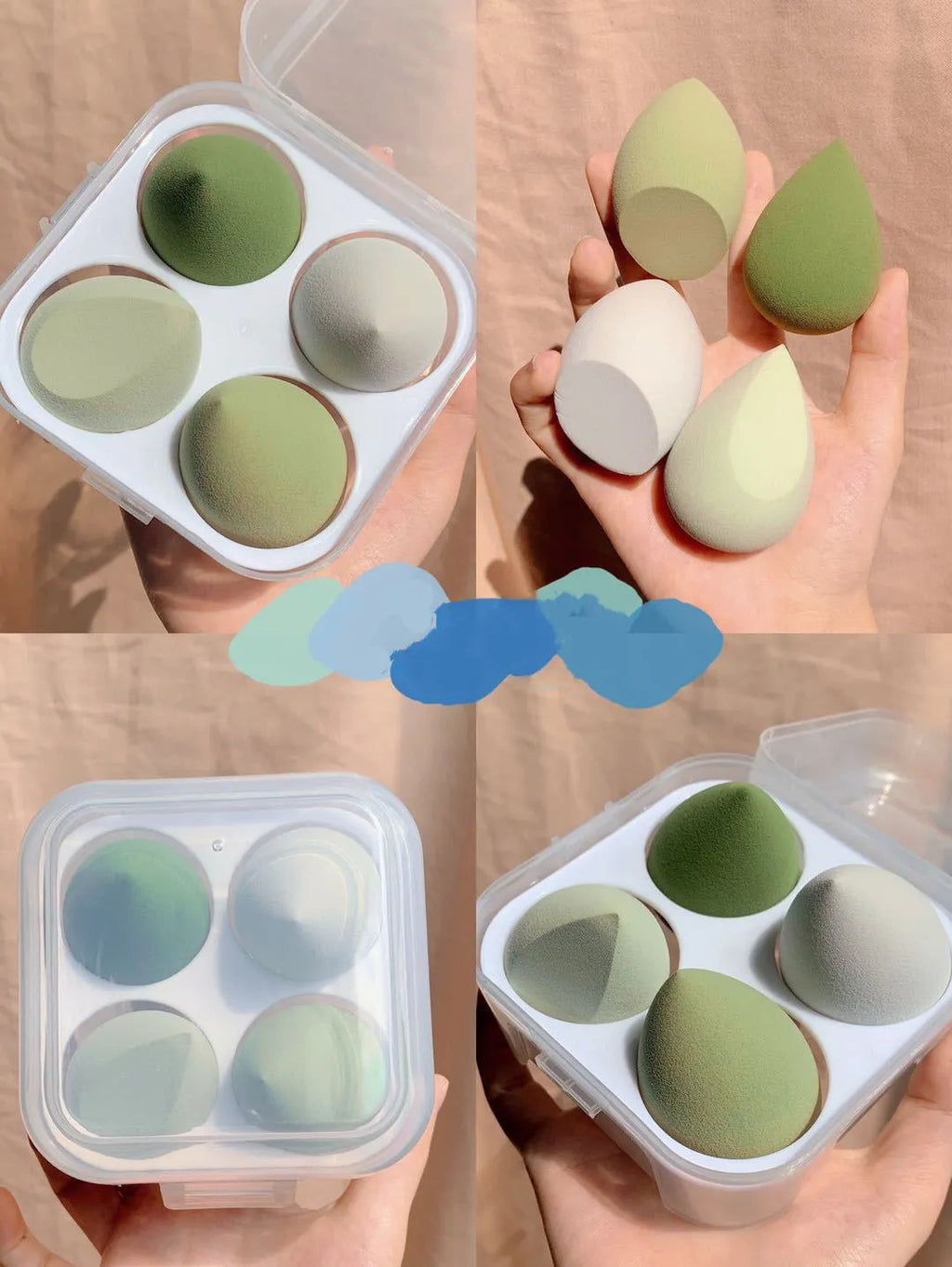 Set of four colourful synthetic makeup beauty egg sponges in grape, mango, mint, and peach, each roughly 6cm cubed.